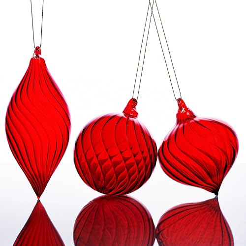 KRISININE 3 Pcs Hand Blown Glass Christmas Ball Ornaments Hanging Xmas Tree Decorations for Home Wedding Birthday Party Holiday (Red) - Image 1