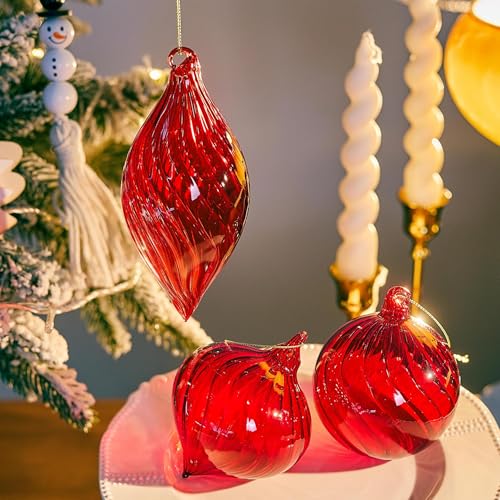 KRISININE 3 Pcs Hand Blown Glass Christmas Ball Ornaments Hanging Xmas Tree Decorations for Home Wedding Birthday Party Holiday (Red) - Image 2