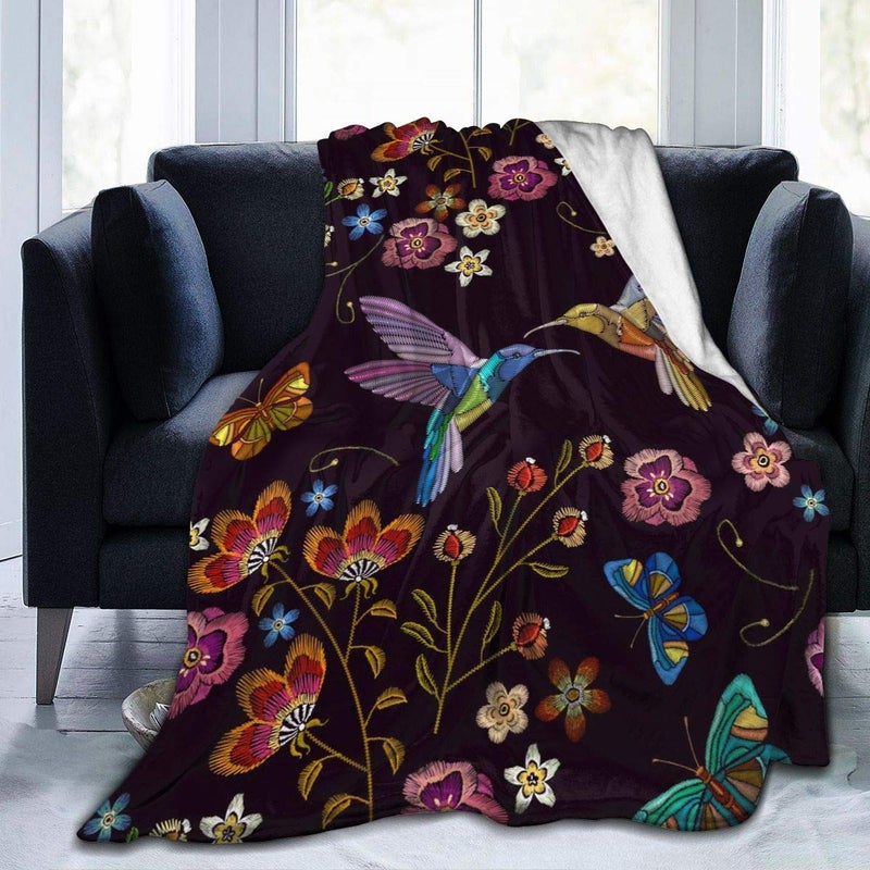 Abucaky Hummingbird Bird Fleece Throw Blanket Ultra Soft Cozy Blooming Flowers Decorative Flannel Blanket All Season for Home Couch Bed Chair Travel 60x50in