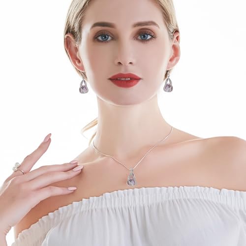 HENGSHENG Pearl Jewelry Set For Women S925 Sterling Silver Necklace & Earrings Set Freshwater Pearl Pendant Cage Set for Wedding Anniversary Prom Birthday Gift - Silvery Purple - Image 5