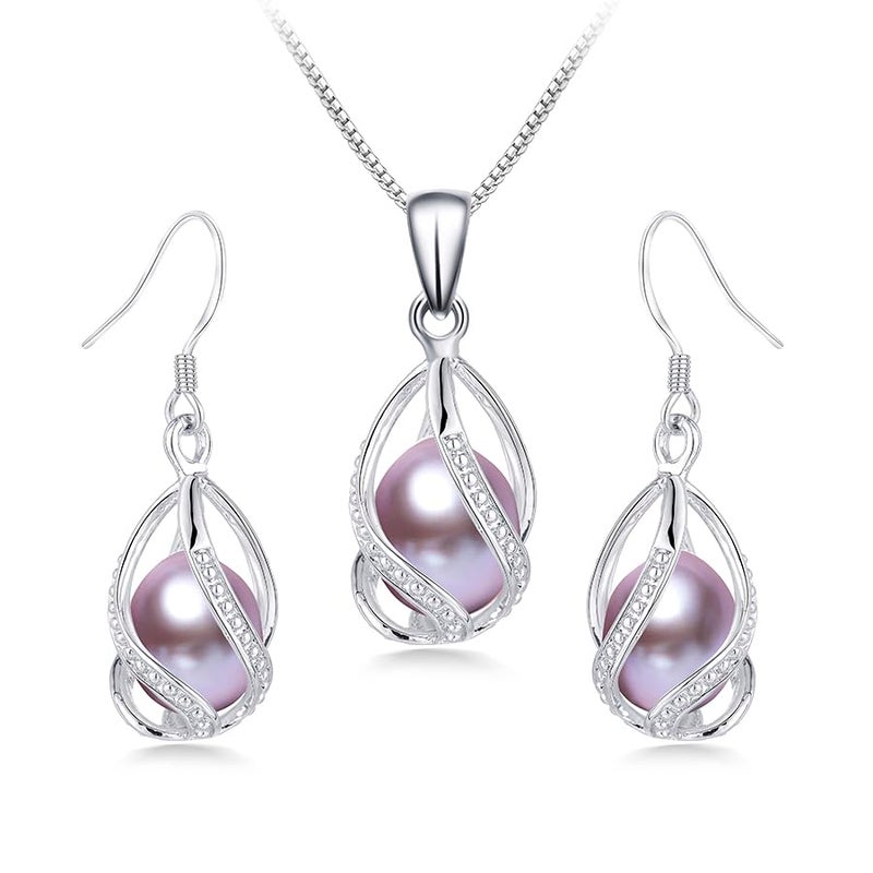 HENGSHENG Pearl Jewelry Set For Women S925 Sterling Silver Necklace & Earrings Set Freshwater Pearl Pendant Cage Set for Wedding Anniversary Prom Birthday Gift - Silvery Purple - Image 1