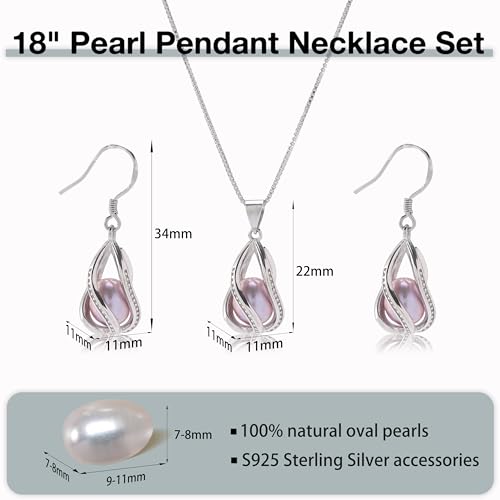 HENGSHENG Pearl Jewelry Set For Women S925 Sterling Silver Necklace & Earrings Set Freshwater Pearl Pendant Cage Set for Wedding Anniversary Prom Birthday Gift - Silvery Purple - Image 3
