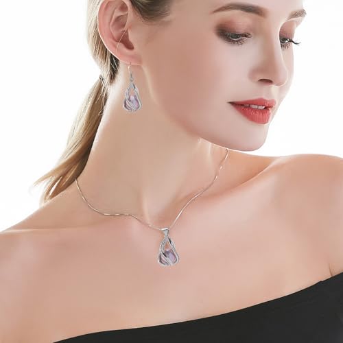 HENGSHENG Pearl Jewelry Set For Women S925 Sterling Silver Necklace & Earrings Set Freshwater Pearl Pendant Cage Set for Wedding Anniversary Prom Birthday Gift - Silvery Purple - Image 2