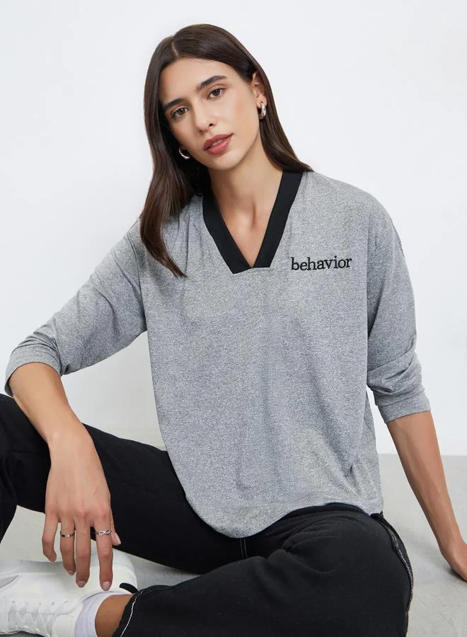 Styli Women Grey Embroidered Slogan T-Shirt