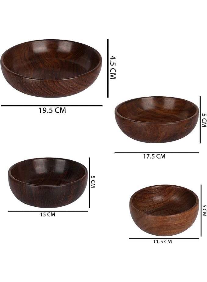 بولة كلاسيكية أنيقة من خشب شيشام متعددة الأغراض للتقديم وللمنزل والمطبخ مصنوعة يدويًا من ناياب كرافت، لون بني، مجموعة من 4 قطع، 28.3 جم - Image 4