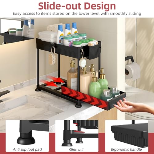 Sevenblue 4 Pack Under Sink Organizer Bathroom Organizers and Storage 2 Tier MultiUse Pull Out Cabinet Organizer with Hang Hooks and Cups Black 4 Pack - Image 3