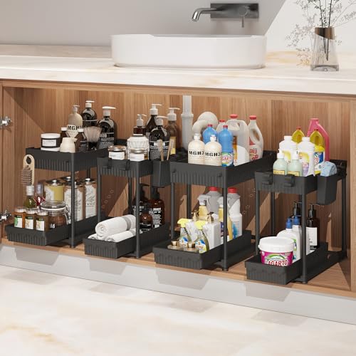 Sevenblue 4 Pack Under Sink Organizer Bathroom Organizers and Storage 2 Tier MultiUse Pull Out Cabinet Organizer with Hang Hooks and Cups Black 4 Pack - Image 1