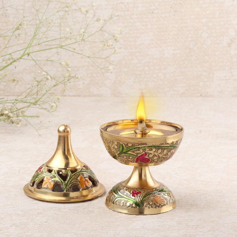 DOKCHAN Premium Golden Brass Pyali Diya with lid Cover for All Pooja and All Festivals (11cm) - Image 1