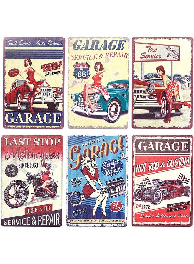 Okuna Outpost 6 Pack Vintage Metal Signs for Retro Garage Wall Decor, 6 Designs (8 x 11.8 In) - Image 1