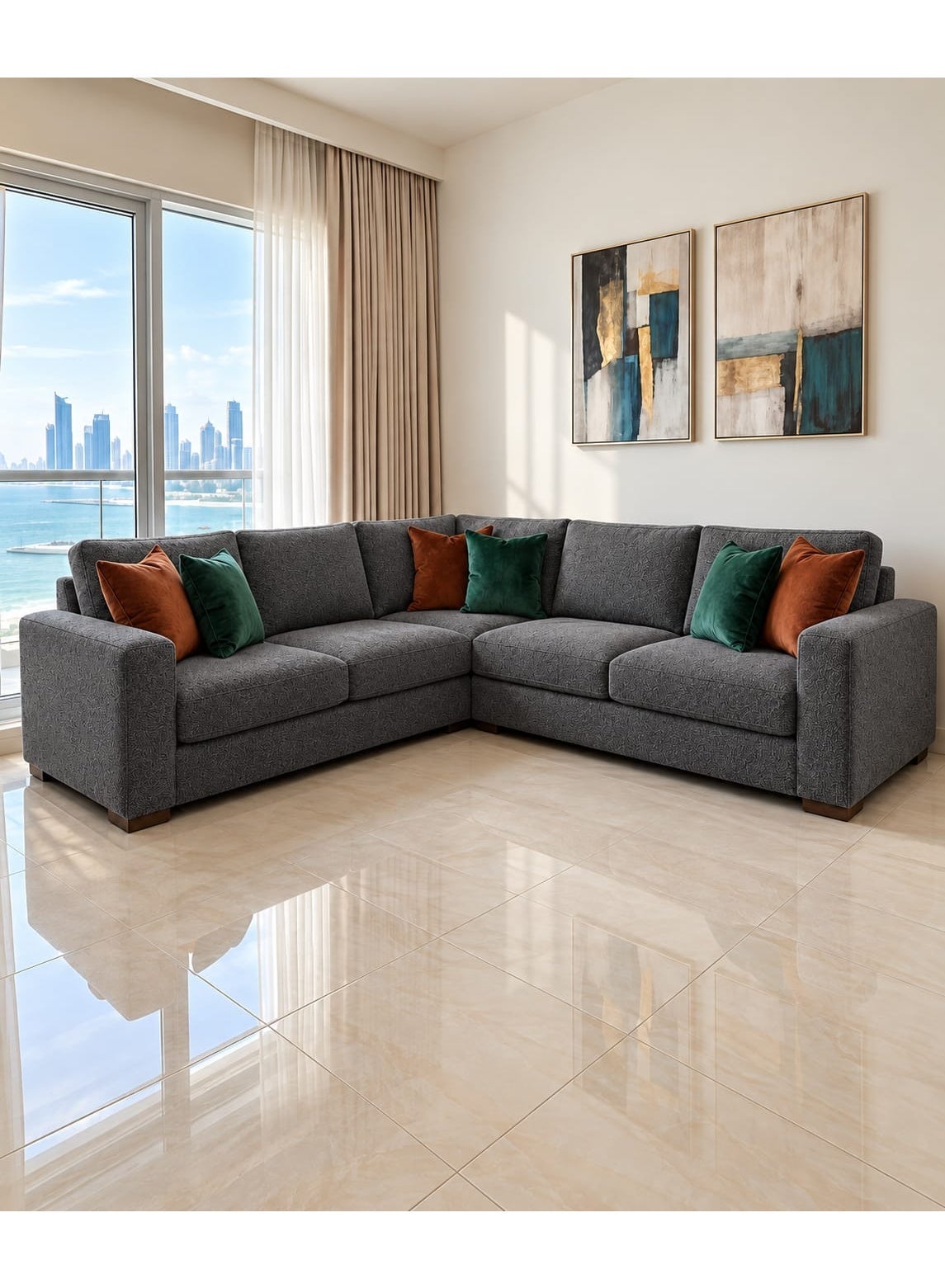 Elegant L-Shaped Family Sofa with Deep Seats and Chaise Lounge, 260 cm Each Side