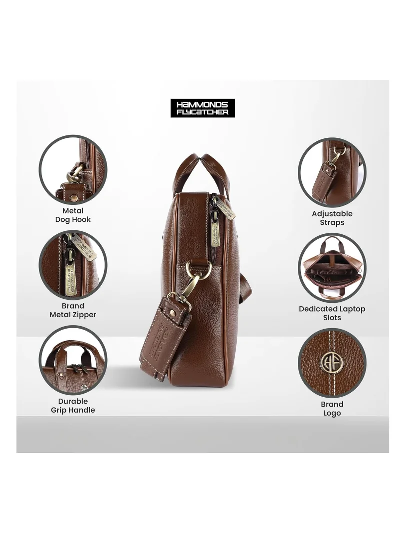 Hammonds Flycatcher  Leather Laptop Bag for Men - Office Bag - Fits Up to 14/15.6 Inch Laptop/MacBook - Laptop Messenger Bags/Leather Bag for Men with Adjustable Shoulder Strap - Brushwood  | Best Price UAE