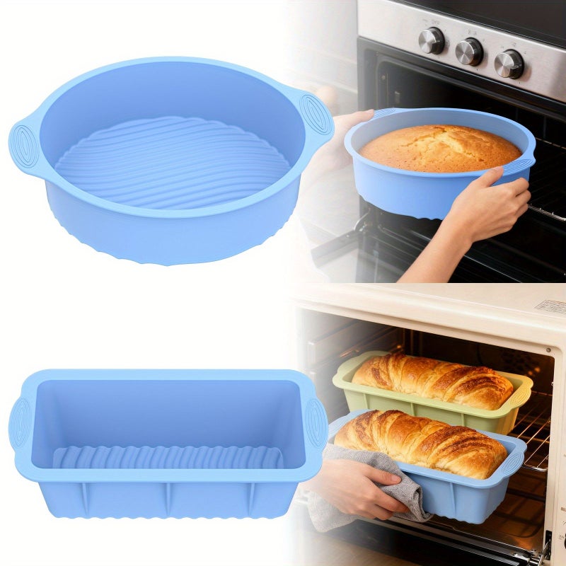 2 Pcs Silicone Baking Mold Set Blue Rectangular And Round Nonstick Easy Unmold Dishwasher Safe Suitable For Breakfast Desserts Parties Sweets Stackable Durable - Image 4