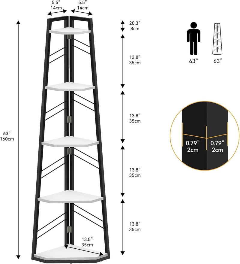 DWVO Corner Shelf, 5 Levels, Corner Bookstore with Metal Frame, Industrial Ladder Bookcase, Floor Standing Display Shelf, High Storage Shelf, for Living Room, Kitchen, Bedroom, White Standing Shelf - Image 2
