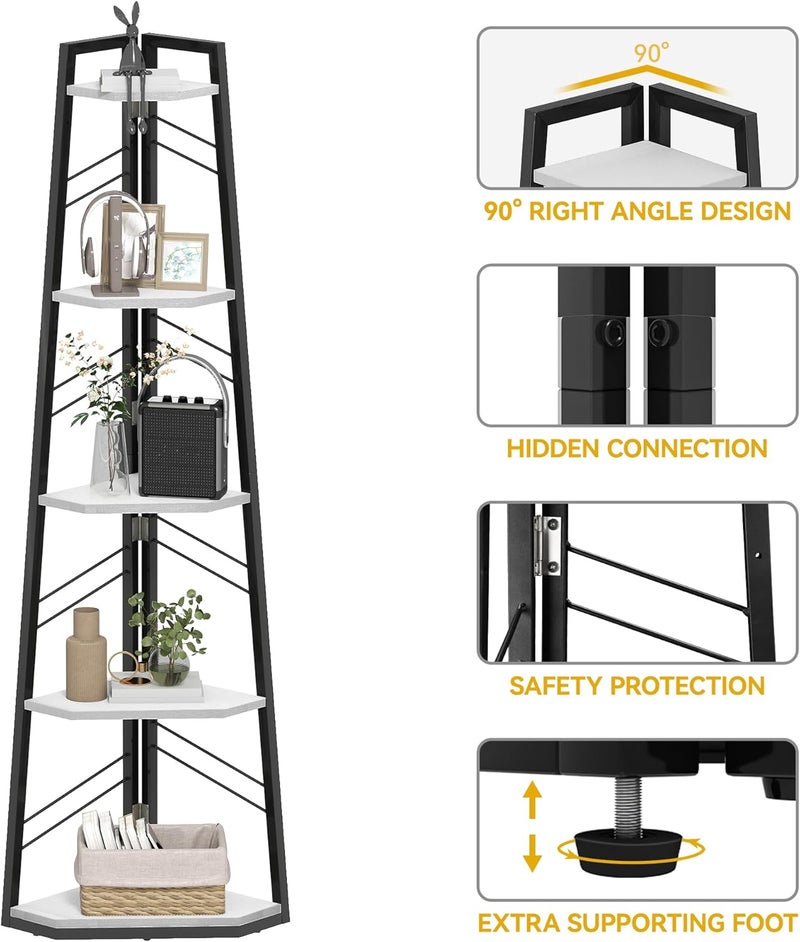 DWVO Corner Shelf, 5 Levels, Corner Bookstore with Metal Frame, Industrial Ladder Bookcase, Floor Standing Display Shelf, High Storage Shelf, for Living Room, Kitchen, Bedroom, White Standing Shelf - Image 3