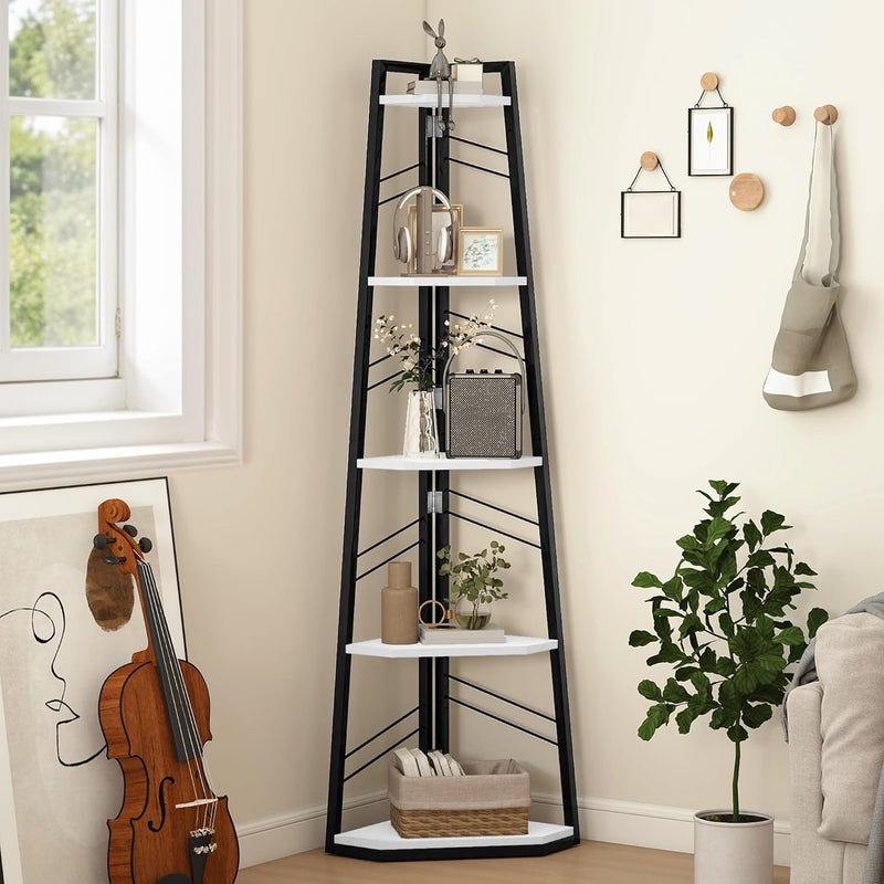 DWVO Corner Shelf, 5 Levels, Corner Bookstore with Metal Frame, Industrial Ladder Bookcase, Floor Standing Display Shelf, High Storage Shelf, for Living Room, Kitchen, Bedroom, White Standing Shelf - Image 1