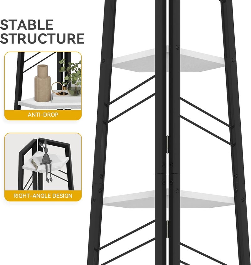 DWVO Corner Shelf, 5 Levels, Corner Bookstore with Metal Frame, Industrial Ladder Bookcase, Floor Standing Display Shelf, High Storage Shelf, for Living Room, Kitchen, Bedroom, White Standing Shelf - Image 4