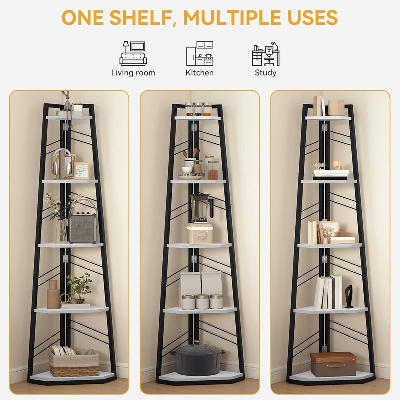DWVO Corner Shelf, 5 Levels, Corner Bookstore with Metal Frame, Industrial Ladder Bookcase, Floor Standing Display Shelf, High Storage Shelf, for Living Room, Kitchen, Bedroom, White Standing Shelf - Image 5