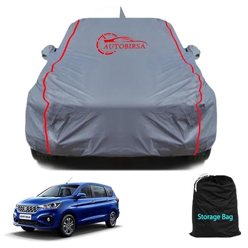 AUTOBIRSA Waterproof Car Body Cover Compatible with Maruti Ertiga with Mirror and Antenna Pocket, Triple Stitched (Heat Resistant US Grey with Red Piping) - Image 1