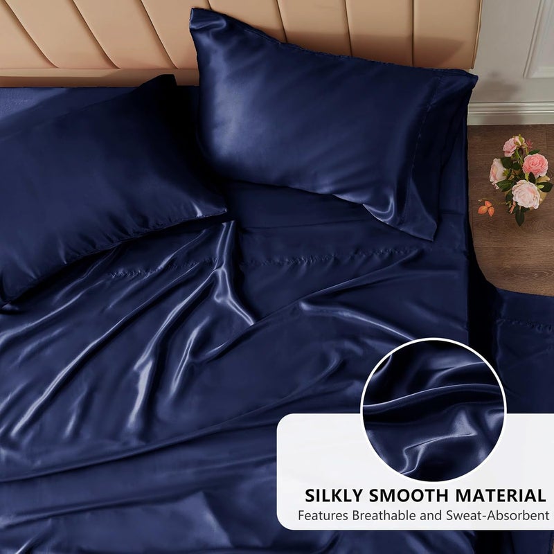 Mush 400TC Luxurious Satin Silk King Size Flat Sheet with 2 Pillow Covers Silky Soft SkinFriendly Breathable Durable Premium Bedding 108 X 108 Inches Navy Blue King Flat - Image 4