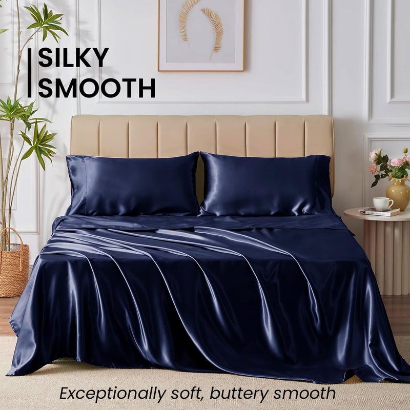 Mush 400TC Luxurious Satin Silk King Size Flat Sheet with 2 Pillow Covers Silky Soft SkinFriendly Breathable Durable Premium Bedding 108 X 108 Inches Navy Blue King Flat - Image 2