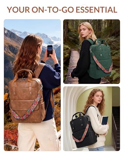 SYTRAH Leather Laptop Backpack 156 Inch Womens Laptop Bag 3 IN 1 Computer Bag Handbag with Colorful Shoulder Bag Strap for Work Travel College Mocha Brown - Image 3
