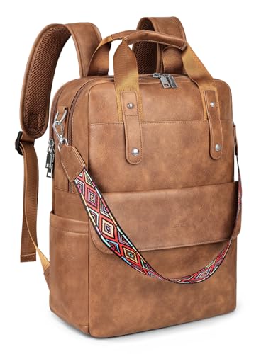 SYTRAH Leather Laptop Backpack 156 Inch Womens Laptop Bag 3 IN 1 Computer Bag Handbag with Colorful Shoulder Bag Strap for Work Travel College Mocha Brown - Image 1