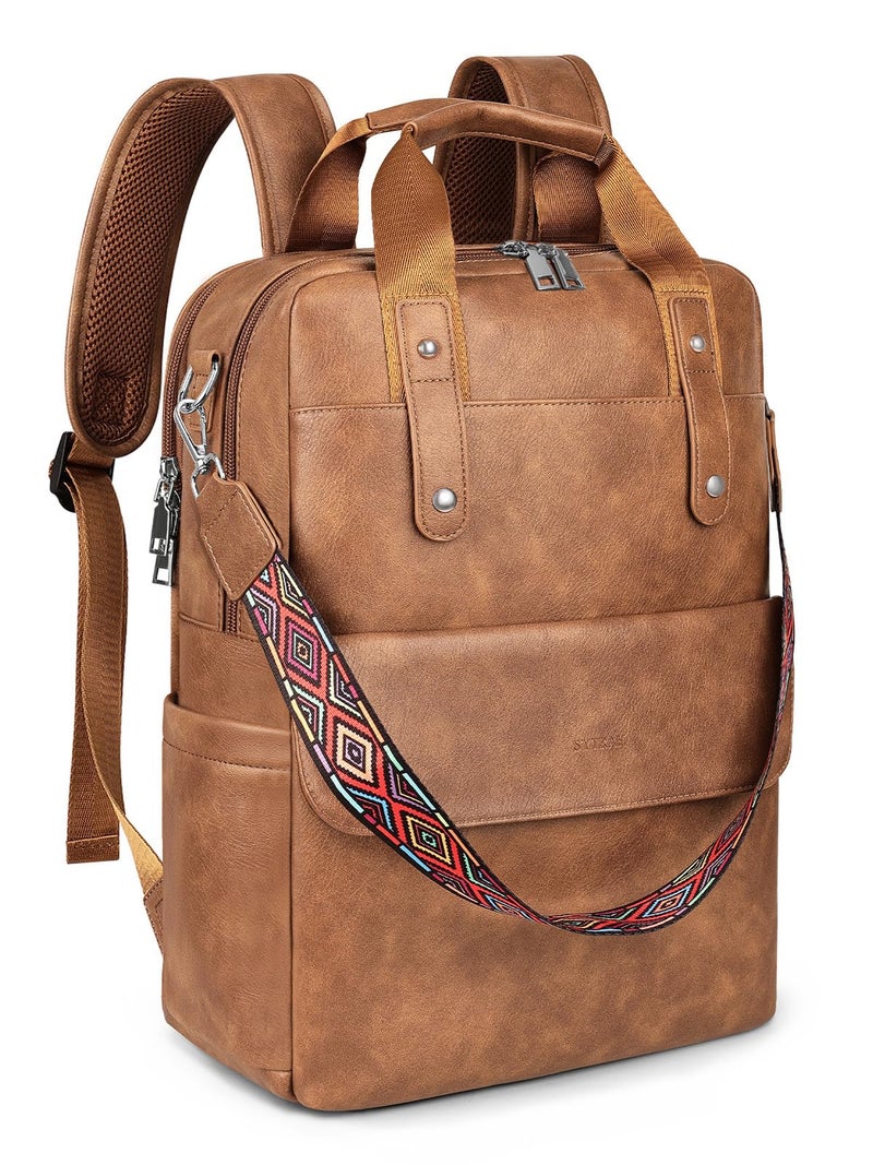 SYTRAH Leather Laptop Backpack 156 Inch Womens Laptop Bag 3 IN 1 Computer Bag Handbag with Colorful Shoulder Bag Strap for Work Travel College Mocha Brown - Image 2