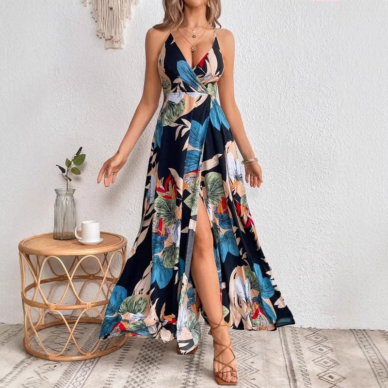 2026 Tropical Print Slit Halter Dress - Image 2