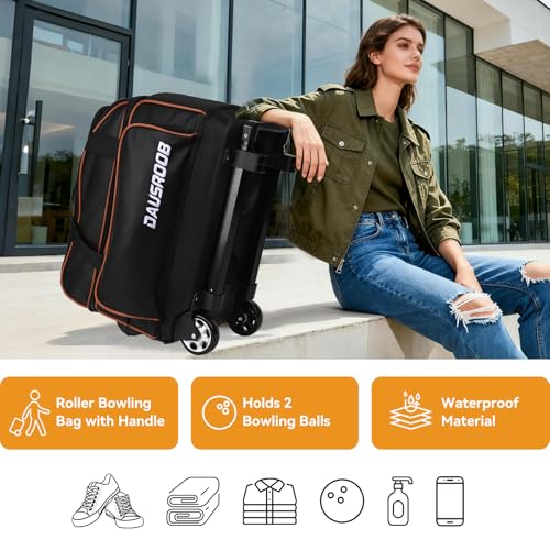 DAUSROOB 2 Ball Bowling Bag with Wheel,900D Oxford Waterproof PU,Dual Roller Bowling Bag with Sturdy Frame,Large Shoe Compartment Fits Up to Men’s 16,Rolling Bowling Tote, Handle Extends to 39.5" (Black) - Image 2