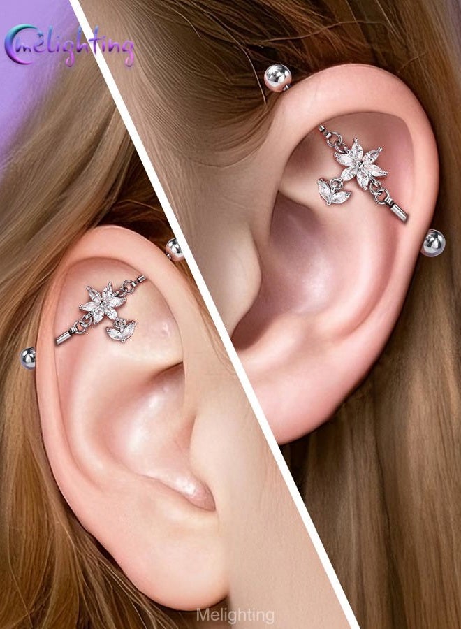 Melighting 14G Flower Industrial Piercing Jewelry, Dangle Industrial Bar Stainless Steel 316L, 38 mm Cartilage Helix Hoop Earring, Marquise CZ Lotus Body Piercing Ring for Women - Image 5