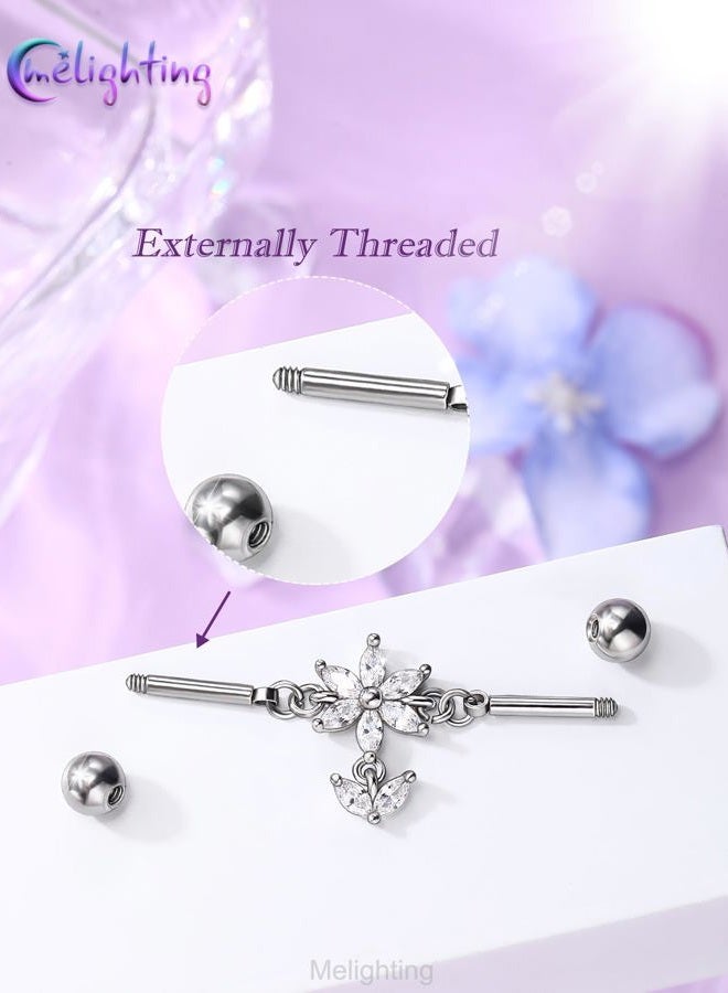 Melighting 14G Flower Industrial Piercing Jewelry, Dangle Industrial Bar Stainless Steel 316L, 38 mm Cartilage Helix Hoop Earring, Marquise CZ Lotus Body Piercing Ring for Women - Image 3