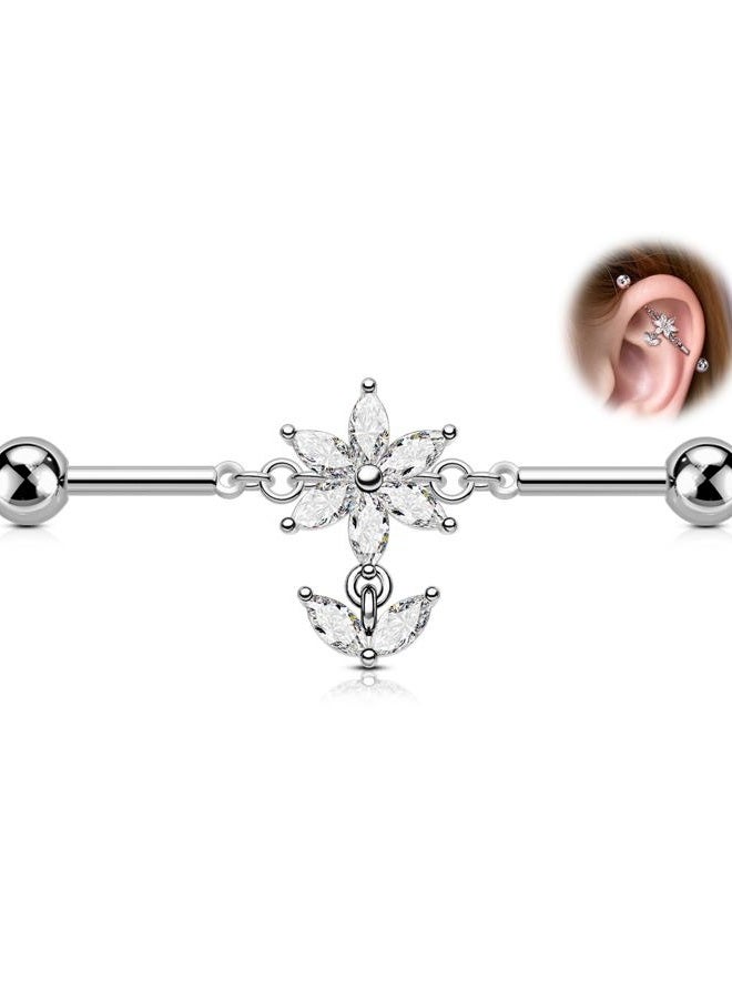 Melighting 14G Flower Industrial Piercing Jewelry, Dangle Industrial Bar Stainless Steel 316L, 38 mm Cartilage Helix Hoop Earring, Marquise CZ Lotus Body Piercing Ring for Women - Image 1