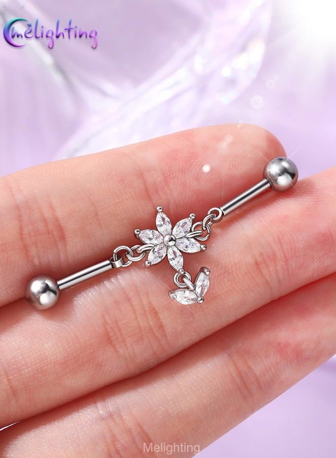 Melighting 14G Flower Industrial Piercing Jewelry, Dangle Industrial Bar Stainless Steel 316L, 38 mm Cartilage Helix Hoop Earring, Marquise CZ Lotus Body Piercing Ring for Women - Image 2