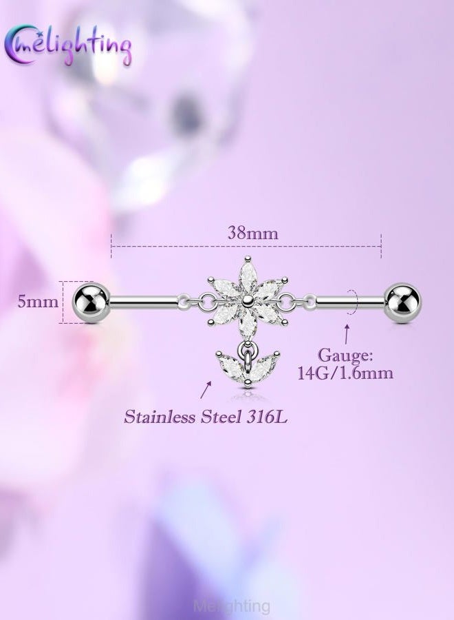 Melighting 14G Flower Industrial Piercing Jewelry, Dangle Industrial Bar Stainless Steel 316L, 38 mm Cartilage Helix Hoop Earring, Marquise CZ Lotus Body Piercing Ring for Women - Image 4