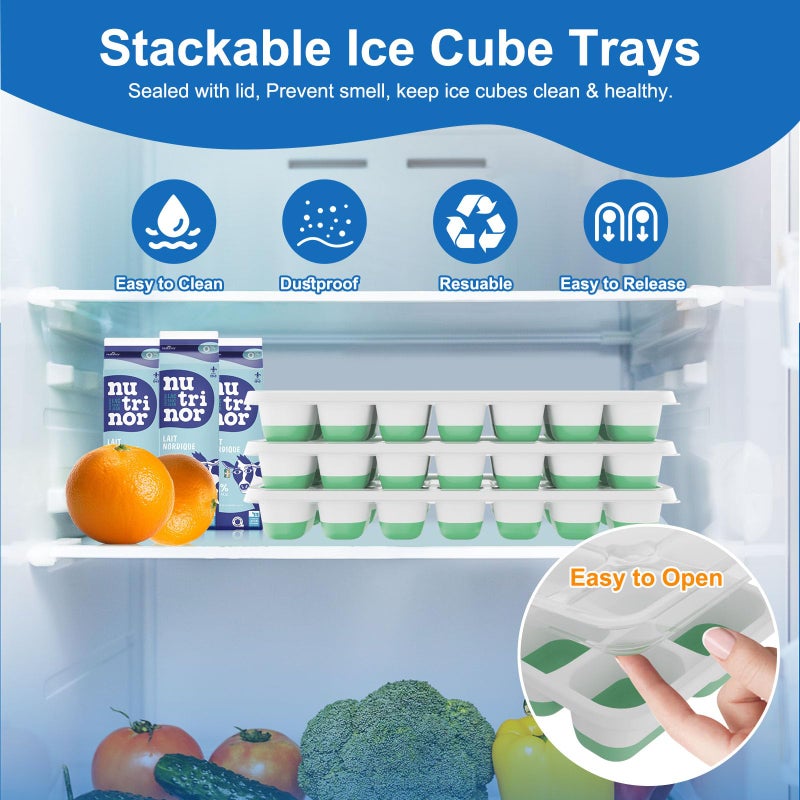 Weftnom Ice Cube Tray with Lid, 3 Pack Silicone Easy-Release Ice Trays for Freezer, Stackable Ice Cube Molds for Drinks, Cocktails, Whiskey, Coffee - BPA-Free and Odor-Free,Ice Cube Trays for Freezer - Image 2
