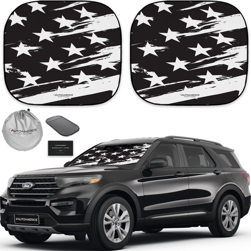 Autoamerics 2Piece Windshield Sun Shade  BW USA Flag Foldable Car Front Window Sunshade for Most Cars SUV Truck Heat Blocker Visor Protector Blocks Max UV Rays and Keeps Your Vehicle Cool  Medium