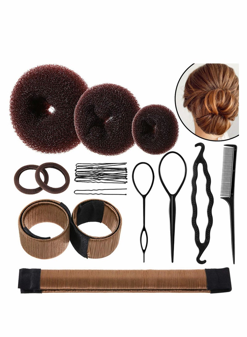 Excefore Hair Bun Shaper Set, Include 3 Pieces Hair Bun Donut, 2 Pieces Bun Marker, 4 Pieces Ponytail Hair Tool, 10 Pieces Bobby Pins and 2 Pieces Elastic Bands for Women Kids Hair Bun Maker Kit - Image 1