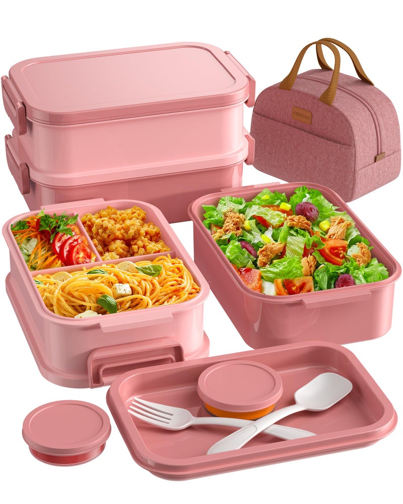 KEMETHY Adults Bento Lunch Box Set with Thermo Bag, 74oz Stackable Leak-proof 3-tiers Bento Box, Built-in Utensil and Sauce Container for Work, School, Dining Out (Pink) - Image 1