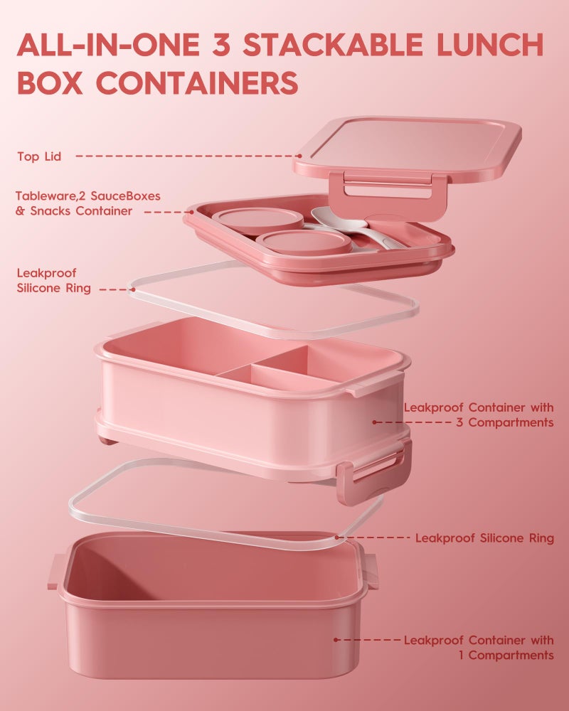 KEMETHY Adults Bento Lunch Box Set with Thermo Bag, 74oz Stackable Leak-proof 3-tiers Bento Box, Built-in Utensil and Sauce Container for Work, School, Dining Out (Pink) - Image 4