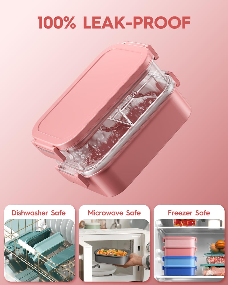KEMETHY Adults Bento Lunch Box Set with Thermo Bag, 74oz Stackable Leak-proof 3-tiers Bento Box, Built-in Utensil and Sauce Container for Work, School, Dining Out (Pink) - Image 5