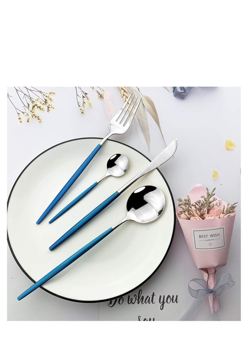 MahMir® Flatware Serving Set 24 Piece, Stainless Steel Silverware Set, Green Gold Cutlery Set, Modern Elegant Tableware Set for Party, Christmas, Dinner (Blue Silver) - Image 3