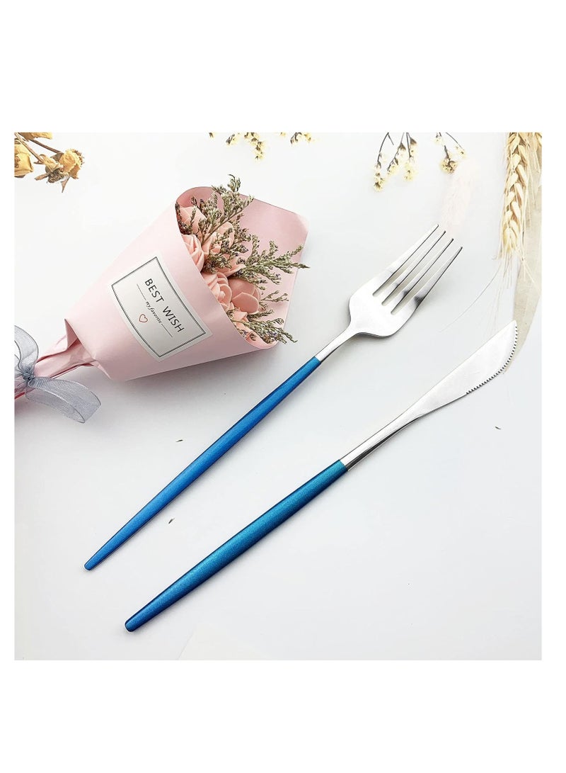 MahMir® Flatware Serving Set 24 Piece, Stainless Steel Silverware Set, Green Gold Cutlery Set, Modern Elegant Tableware Set for Party, Christmas, Dinner (Blue Silver) - Image 2