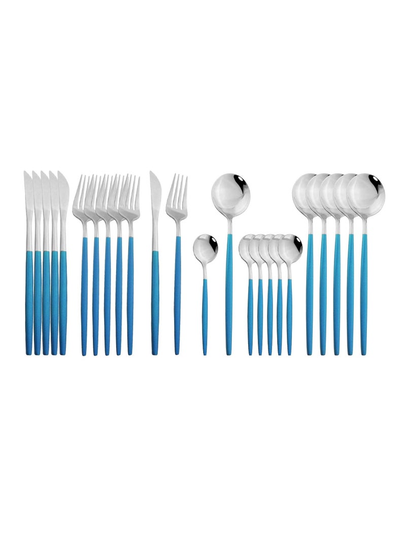 MahMir® Flatware Serving Set 24 Piece, Stainless Steel Silverware Set, Green Gold Cutlery Set, Modern Elegant Tableware Set for Party, Christmas, Dinner (Blue Silver) - Image 1