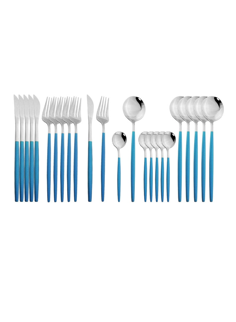 MahMir® Flatware Serving Set 24 Piece, Stainless Steel Silverware Set, Green Gold Cutlery Set, Modern Elegant Tableware Set for Party, Christmas, Dinner (Blue Silver) - Image 4