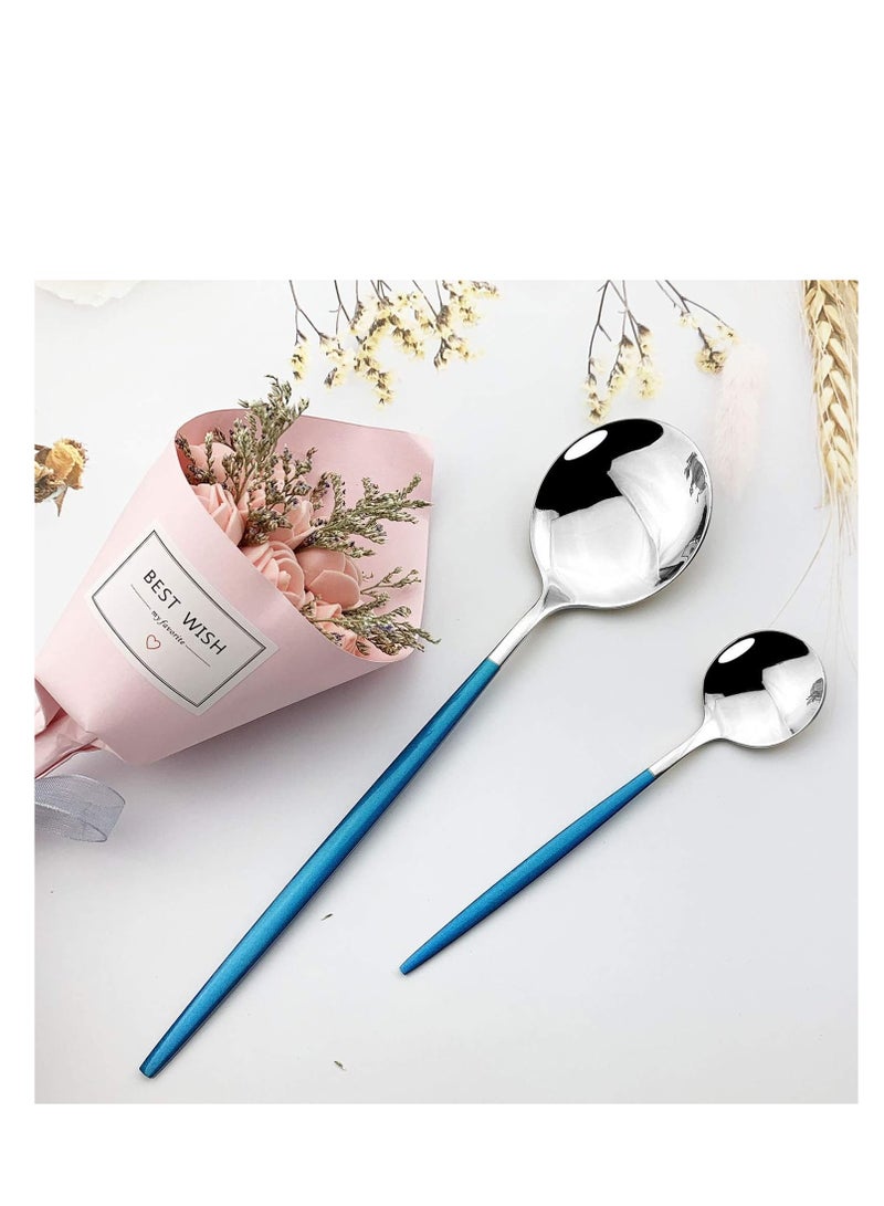 MahMir® Flatware Serving Set 24 Piece, Stainless Steel Silverware Set, Green Gold Cutlery Set, Modern Elegant Tableware Set for Party, Christmas, Dinner (Blue Silver) - Image 5