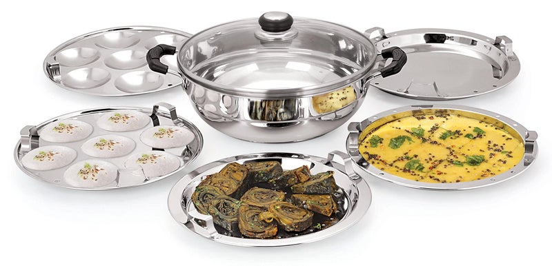 Pristine Induction Compatible Stainless Steel Sandwich Base Multi Purpose Kadai with Glass Lid and 5 Plates, 27 cm, Silver - Image 1