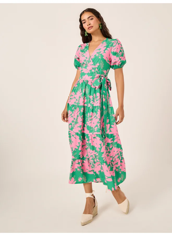 Styli Styli Floral Print Puff Sleeves Wrap Look Tiered Midi Dress