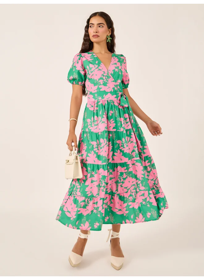 Styli Styli Floral Print Puff Sleeves Wrap Look Tiered Midi Dress