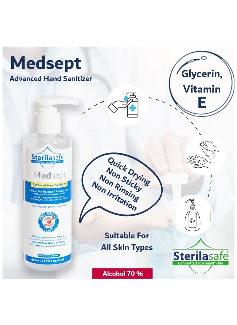 Sterilasafe Sterilasafe MedSept Advanced Hand Sanitizer Ethanol Alcohol Refreshing gel 70%, with Vitamin E, General Disinfectant/Antimicrobial, Personal Hygiene, 250 ML  - Image 3