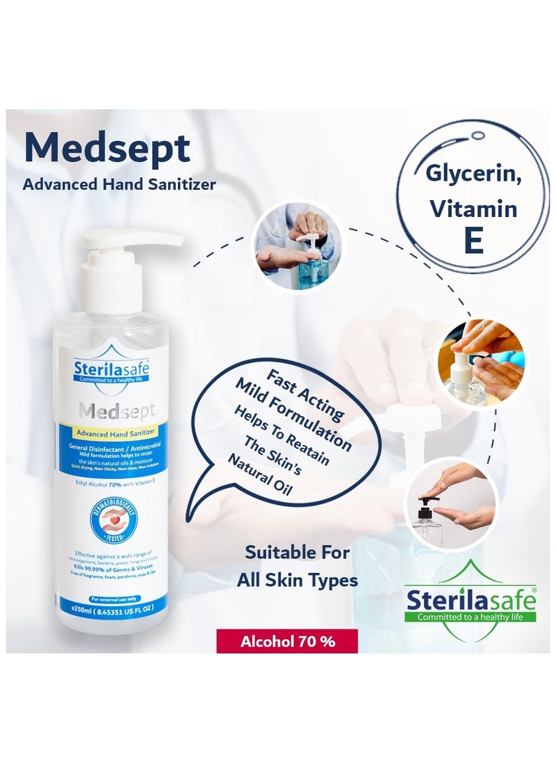 Sterilasafe Sterilasafe MedSept Advanced Hand Sanitizer Ethanol Alcohol Refreshing gel 70%, with Vitamin E, General Disinfectant/Antimicrobial, Personal Hygiene, 250 ML  - Image 4